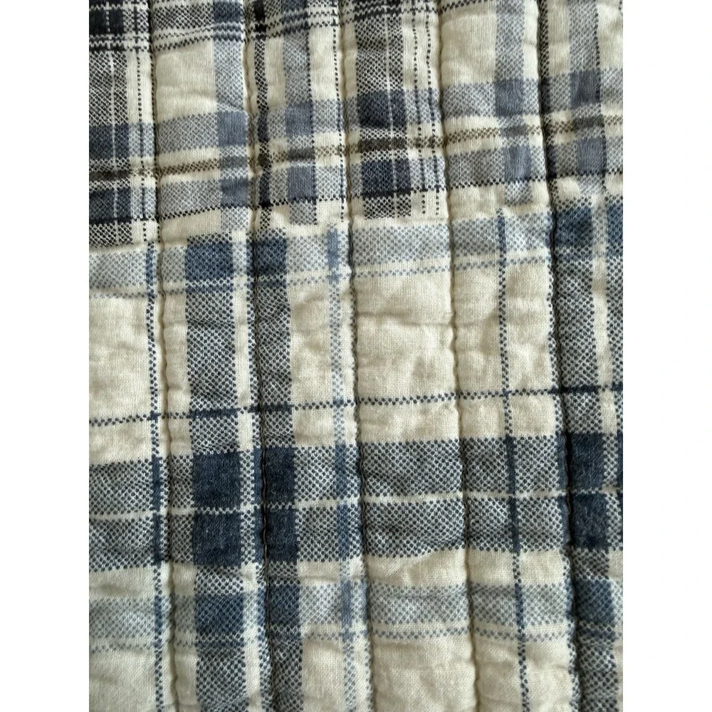 Eddie Bauer Plaid Quilt Blue Gray Cream Twin Throw Vtg 90s Rustic Cabin Cottage